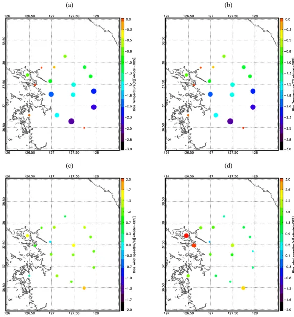 Fig. 4. (a) Spatial distribution of the temperature bias (℃) at 2 m height from the standard WRF model for cases of  July, 2007