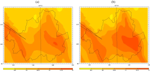 Fig. 6. Distribution of 2 m temperature (℃) from (a) the standard WRF and (b) WRF‐UCM in Seoul on 2100 LST October  8 th , 2007.