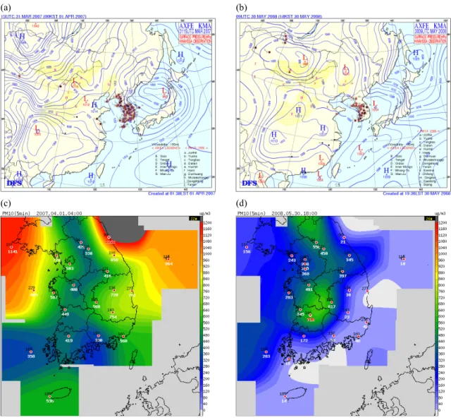 Fig. 3. Surface dust weather maps: (a) on 0000 KST 1 April 2007 and (b) 1800 KST 30 May 2008