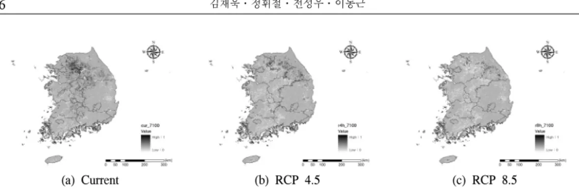 Figure  8.  Current(1971∼2000)  and  long-term  future(2071∼2100)  of  Korean  pine  (Pinus  koraiensis).