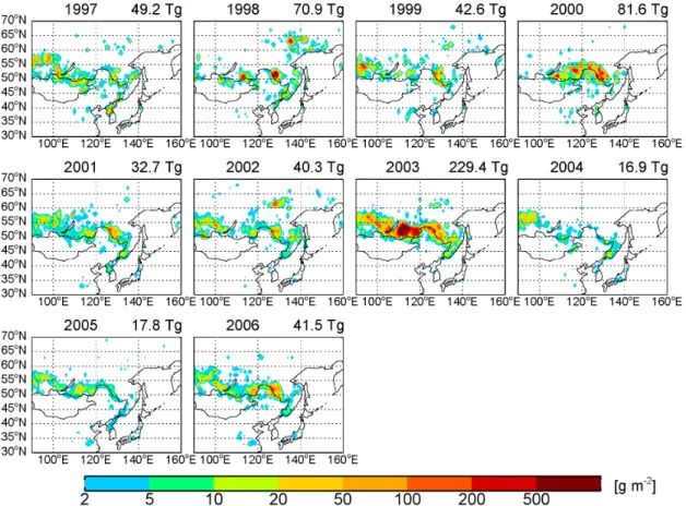 Fig. 1. Estimated dry mass burned data of the GFEDv2 inventory from forest fires over East Asia in April-Jun for 1997–2006.