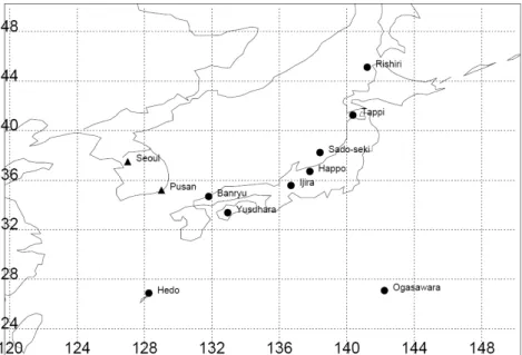 Fig. 3. Scatter plots of the observed and the simulated monthly mean daytime ozone concentrations at EANET sites in April 2003 (open circles), May 2003 (closed circles) and June 2003 (triangles)