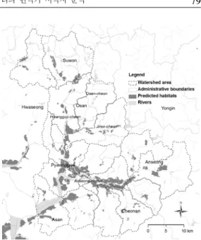 Figure  4.  Proposed  ｢the  Suwon  tree  frog  habitat  conservation  network｣.향을  파악하고  있으며,  Engenbrod  et  al.(2008)은 도로의 영향,  산림의 감소 등의 구체적인 인자가 양서류 종풍부도에 어떠한 영향을 미치는지를 계량화하는 등 향후 우리나라에도 도입할 수 있는 구체적인 방법론을 제공하고 있다