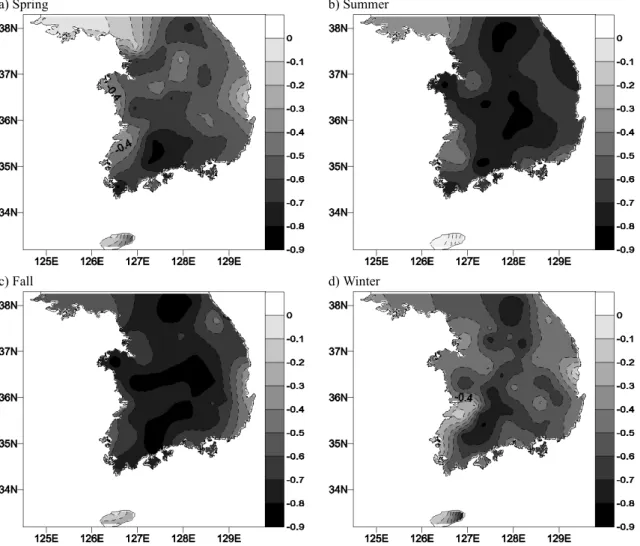 Fig. 9. Spatial distribution of correlations between DTR and cloud amount.
