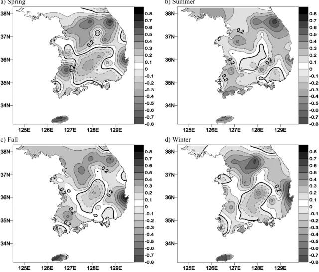 Fig. 10. Spatial distribution of correlations between DTR and visibility.