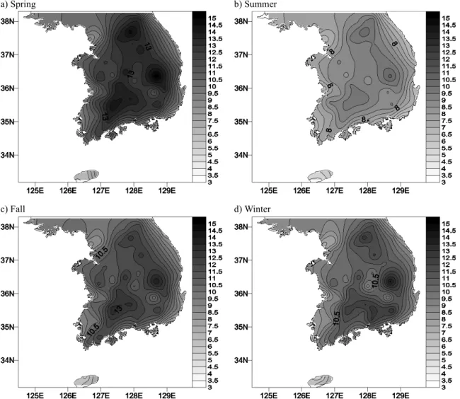 Fig. 2. Spatial distribution of diurnal temperature range (DTR: ℃) averaged from 1976 to 2005 for (a) spring, (b) summer, (c) fall, and (d) winter.