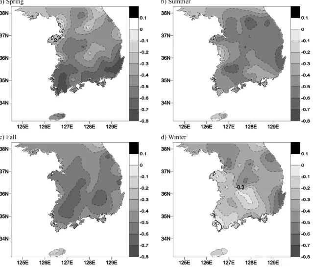 Fig. 7. Spatial distribution of correlations between DTR and precipitation amount.
