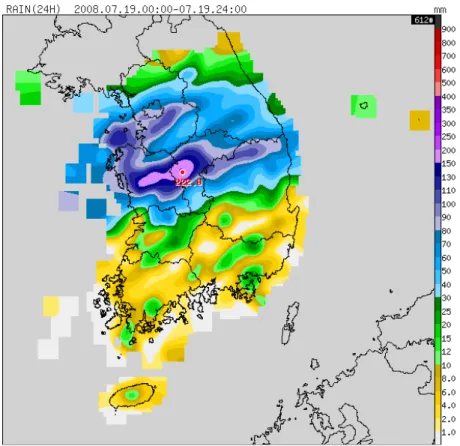 Fig. 10. The distribution of daily rainfall on 19 Jul. in 2008.