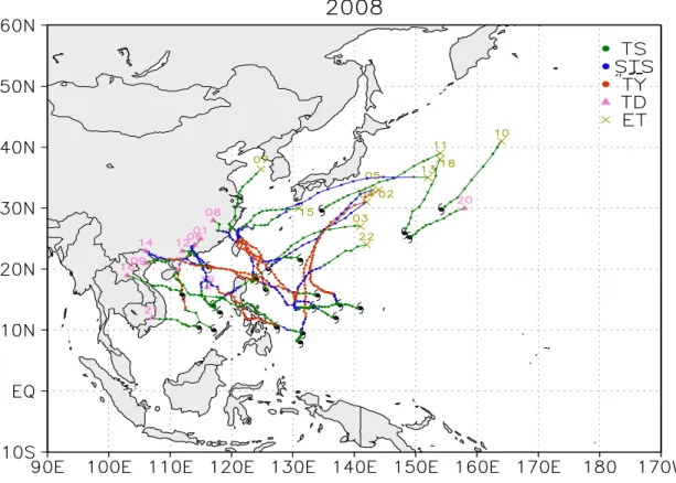 Fig. 3. Tracks of tropical cyclones which attained TS intensity or higher in 2008.