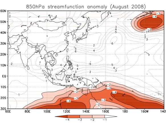 Fig. 6. Streamfunction anomaly distribution in May 2008. The unit is 10 6 m 2 s -1 . Zero contours are suppressed.