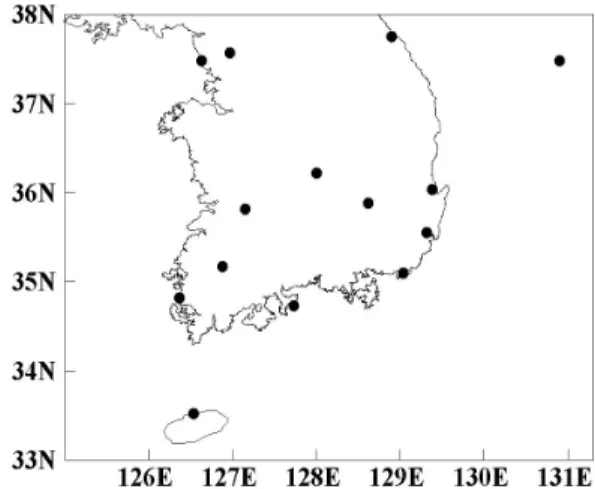 Fig. 1. Location of 14 observing stations used in this study.