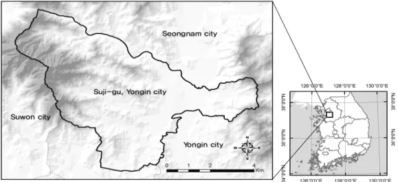 Figure  1.  Study  area(Suji-gu,  Youngin  city).분석 방법론을 정량화하고 다양한 지형적 특성을 고려할 수 있는 분석범위 설정 등에 대한 연구가 더 진행될 필요가 있다