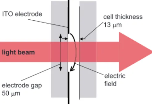 FIG. 1. 共Color online兲 Design of the Kerr cell used in this study. The relation between the applied electric field and the incident beam is also depicted in the figure.