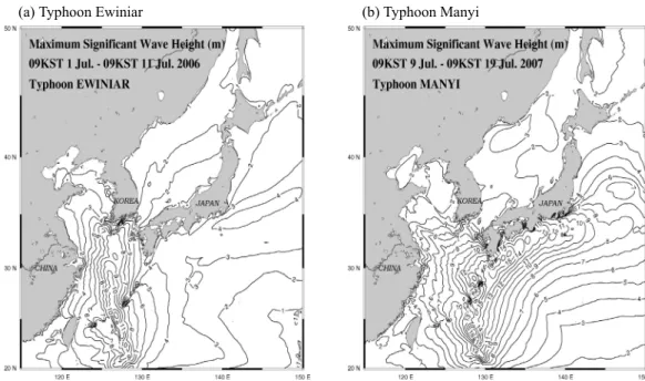 Fig. 5. Maximum significant wave heights for the periods of the (a) Typhoon Ewiniar (b) Typhoon Manyi.