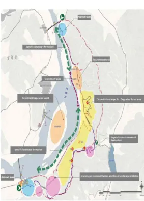 Figure 8. Map of comprehensive analysis.경관요소, 자연 및 인공경관요소, 특이경관요소, 훼손된 경관요소 등으로 파악하고 경관계획적 관점에서 잠재요인과 제한요인을 분석하였다(Figure 7).산림외부의 조망경관분석 결과 대상지에서높은 빈도의 가시성이 있는 ‘경천섬 생태공원진입부’ 조망점은 하천경관과 배후 산림경관의 조화 및 수변부의 버드나무군락이 형성되어 있어 특이경관을 보유하고 있지만 전체적인 자연경관과 교량과의 색채 부조