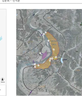 Figure 5. Visibility frequency analysis. Figure 6. Landscape control points. 따라 먼저 가시권분석을 실시하고 일반적인 조 망점 선정 기준에 따라 예비조망점을 선정하였 으며, 이후 현장조사를 통해 최종조망점을 선정 하였다