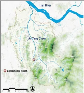 Figure 3. Anyang cheon Watershed &amp; Experimental Reach.하상간극수역의 주요 생태적 기능은 수서와육상생태계를 연계할 뿐만 아니라 지표수와지하수를 전이하며, 하천생물종의 서식기반을제공해준다