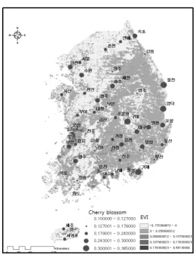 Figure  14.  Change  ration  of  EVI  and  cherry  blooming  day. EVI는  식생의  개엽에  따라  적외선  파장을  이용하여 분석한 결과이기 때문에 EVI  변동률 을  반영하는  지역은  산림지역의  특징을  반영 한다