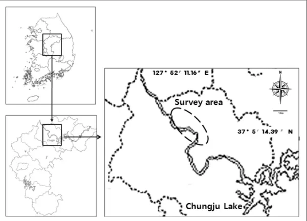 Figure  2.  The  map  of  survey  area.번식기의  암컷과  수컷의  역할은  명확하게  나뉘어져  있었으며,  암컷은  포란과  육추를  담당하고  수컷은  사냥과  주위경계  등을  담당한다