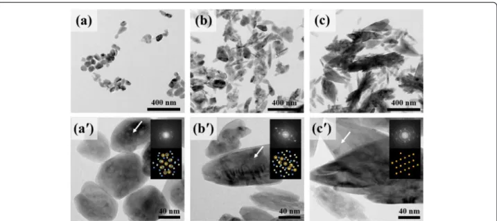Fig. 1 TEM images. a 1, b 3, and c 5 wt.%, and corresponding high-resolution images (a′), (b′), and (c′)
