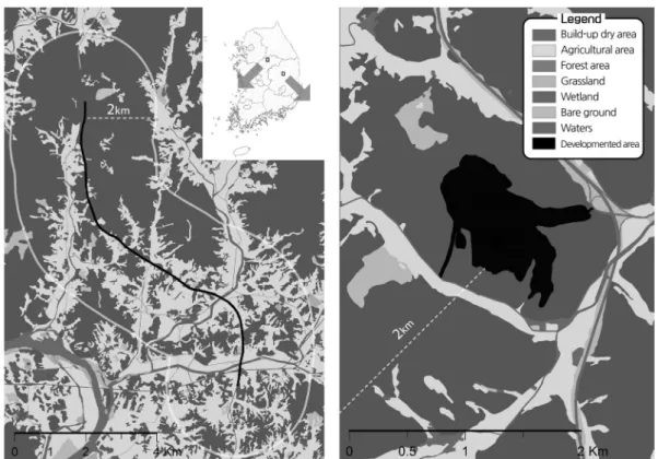 Figure  1.  Land  cover  map  of  the  study  area  (L：linear  development,  R：areal  development).일대의 도로개발(9.97km)로 사업의 유형을 면적개발과 선형개발로 나누어 분석하였다(Figure  1)