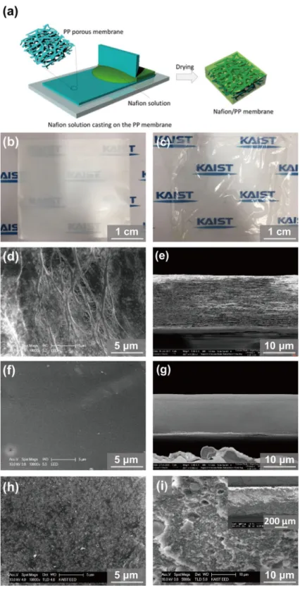 Figure 1. (a) Schematic of the Nafion/PP membrane fabrication process. Optical image of (b) pristine porous 