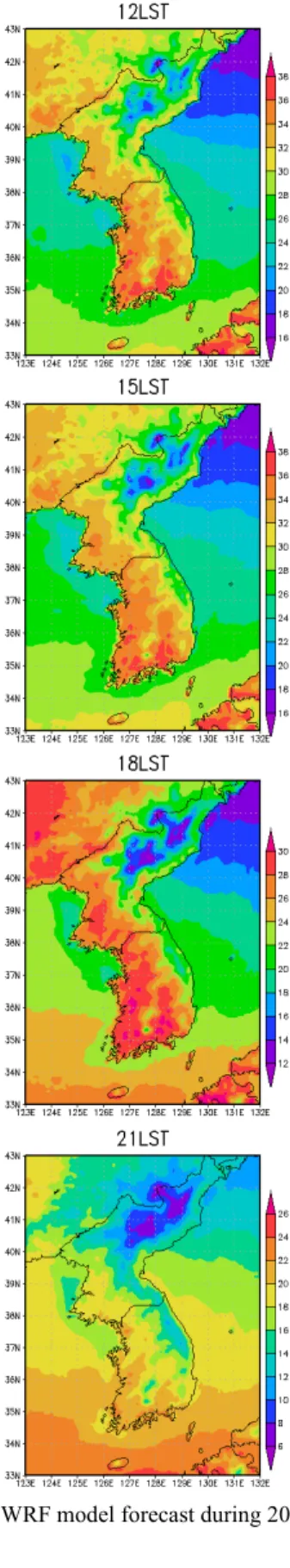 Fig. 2. Diurnal distribution of perceived temperature( ℃ ) calculated from WRF model forecast during 2007 summer.