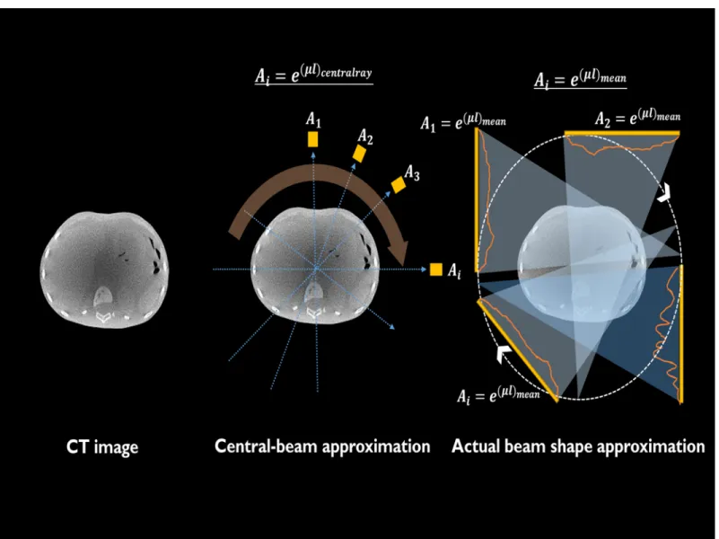Fig 1. Framework for calculating Ai values. After selecting the CT image as in (a), we calculated the Ai value by two methods (b) Central-beam approximation and (c) actual beam shape approximation.