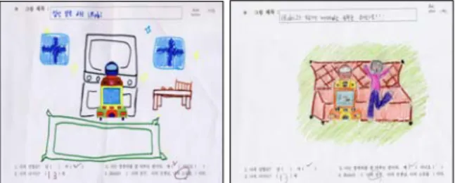 [그림  7]  상호작용  전과  후의  그림  검사  결과  사례 상호작용  후의  그림에서  주황색은  로봇을  좀  더  생 동감  있게  받아들이고  있음을,  로봇과  상호작용을  하는  자기를  그려  넣은  것은  로봇과의  심리적  거리 감이  가까워  졌음을  나타낸다