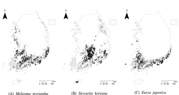 Figure  2.  Predictive  Map  of  M.  myriantha,  S.  koreana,  and  E.  japonica.  Black  color  is  predictive  areas,  and  red  points  are  present  locations  of  species.
