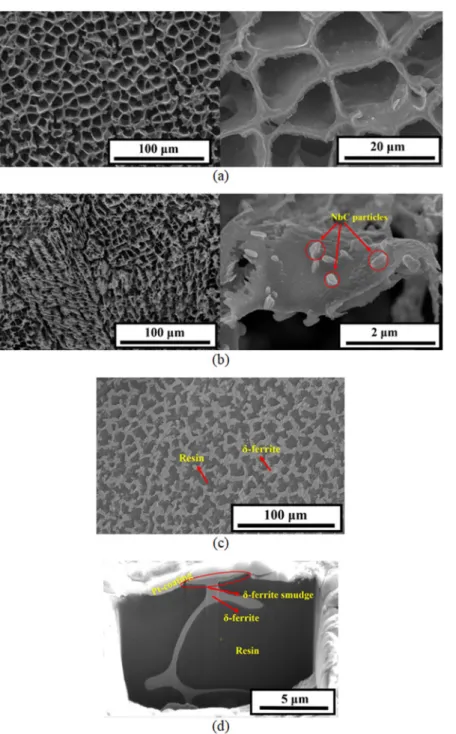 Figure 9.  SEM images of (a) ER316L, (b) ER347 as-welded specimen after selective austenite etching, (c) 