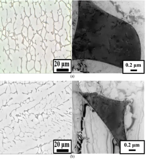 Figure 1.  Optical and TEM micrographs of (a) ER316L, and (b) ER347 in as-welded condition.
