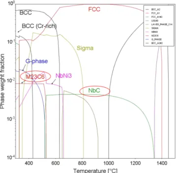 Figure 4.  Thermo-Calc (TCFE-9 database) phase stability diagram for ER347 weld.
