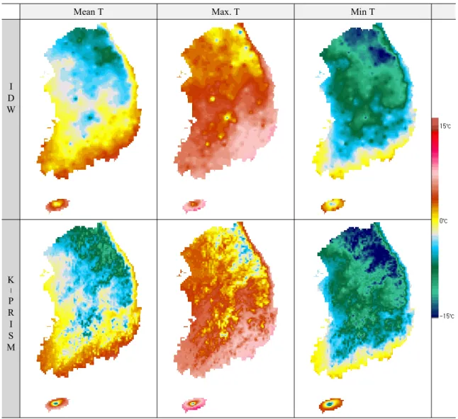 Fig. 8. Spatial distribution of monthly mean (left), maximum (center), and minimum (right) temperature of January, 2005  derived by IDW (upper) and K-PRISM (lower) over South Korea.