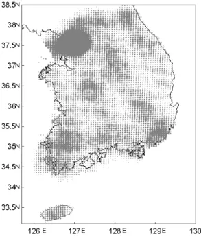 Fig. 3. Number of observing stations within the radius of  information (30 km).기는      으로 구하고 (Z: 고도, X, Y: 좌표축), 경사의 방향 (지향면)은 Gibson et al