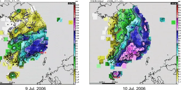 Fig. 6. The distribution of daily rainfall on 18 Aug. (left) and 19 Aug. (right) in 2006.