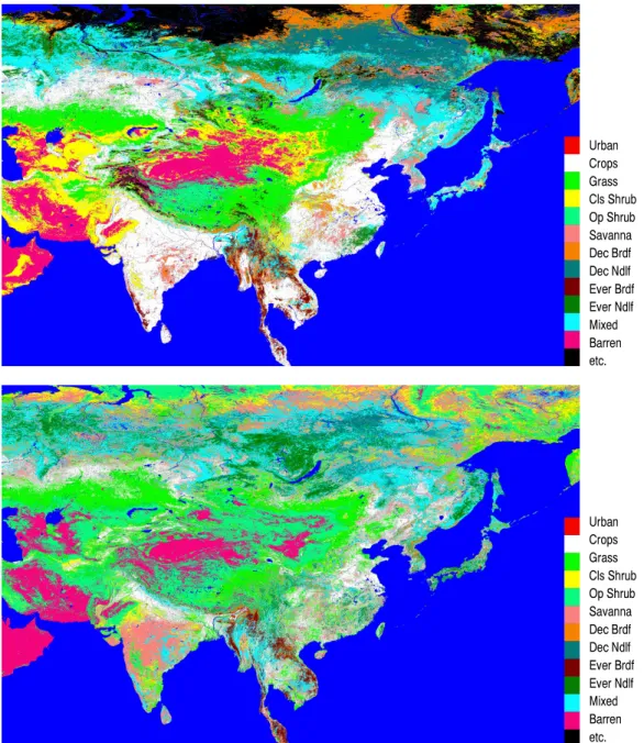 Fig. 1. Re-projected and unified color-coded land cover maps of USGS(upper) and UMd(lower)