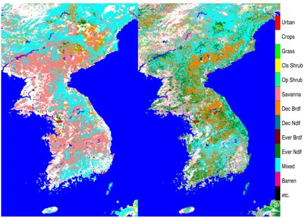 Fig. 2. Same as in Fig. 1 except for USGS(left) and UMd(right) over Korean peninsula.