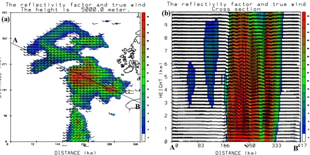 Fig. 5. (a) The true reflectivity factor and wind field on 5 km height on the region ABCD of the Fig.2 at 1330  UTC 30 June 2006