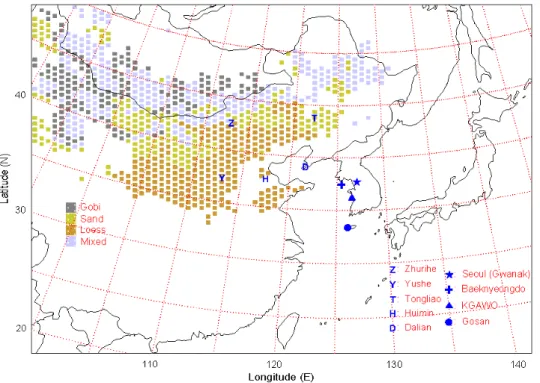 Fig. 1. Categorized soil types in source regions and PM10 monitoring sites in Korea and China.와 은 27과 3의 값을 갖는 상수이며, 는 마찰속도, 는 임계마찰속도이다