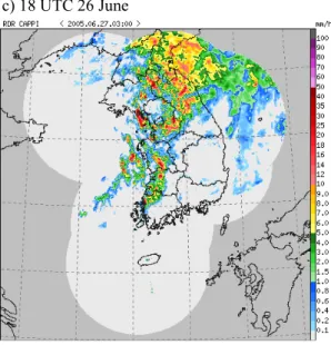 Fig. 2. Radar image of rain rate (mm h -1 ) at (a) 06 UTC, (b) 09 UTC, (c) 18 UTC 26, and (d) 03 UTC 27 June 2005
