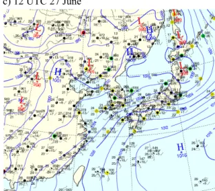 Fig. 4는 26일 12 UTC의 850 hPa, 500 hPa, 300  hPa 일기도이다. 6월 25일 12 UTC (그림은 제시하지  않았음)에는 850 hPa 화남지역에 저기압이, 한반도 상