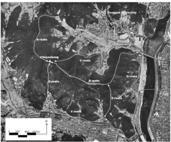 Figure 1. Survey routes of the Hwarang district (Source ： http ： //map.naver.com).