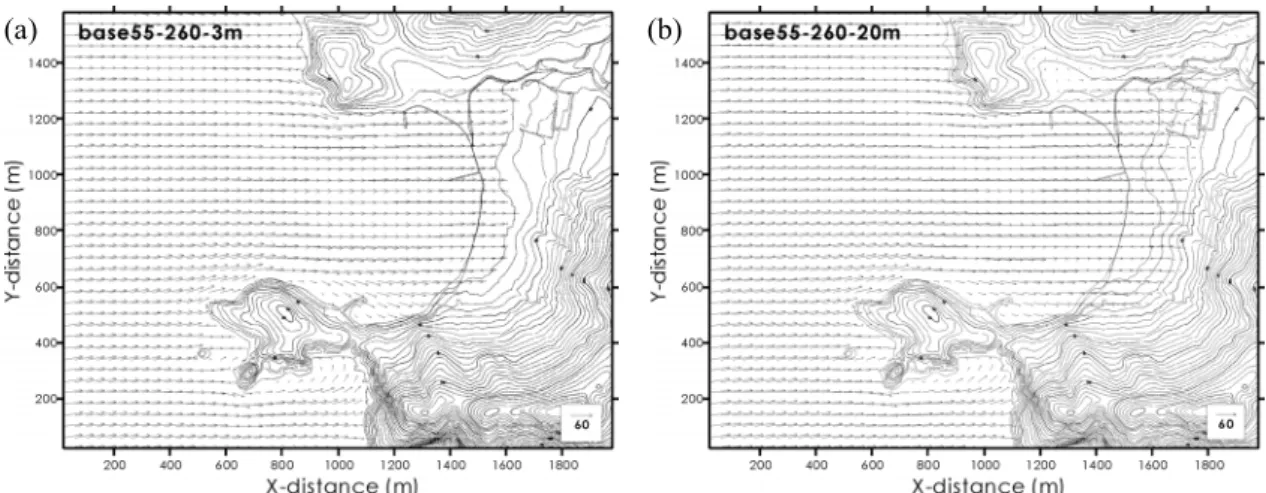 Fig. 7. Distributions of wind vector in base case of 55 m/s inflow (3 m and 20 m asl).