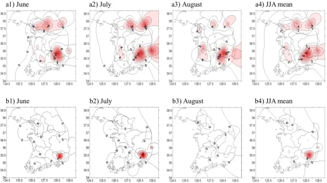 Fig. 2. Distributions of the occurrences of the highest daily temperature at 57 Korean stations (a1~a4: June, July, August, and JJA represent the mean for 1994 to 2004