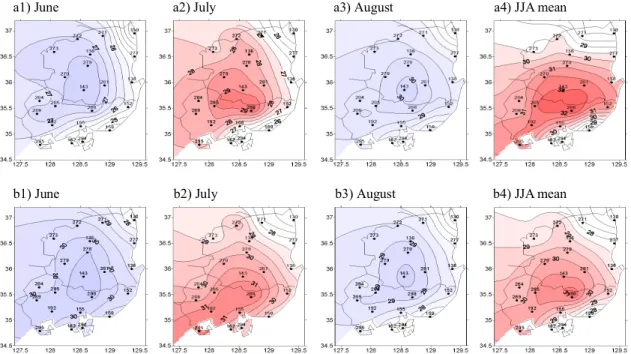Fig. 3. Distributions of the monthly means for the daily maximum temperature in the Yeongnam region (a1~a4: June, July,  August and JJA represent the mean for 1975 to 2004