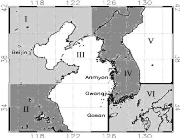 Fig. 4. The four sectors divided by 38°N and 124°E in the  study area (32°~ 42°N, 115°~ 133°E).
