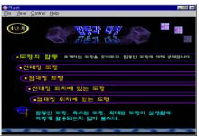 [그림  5]  2  단계  학습메뉴  선택화면 총  8개의  흐름별  학습  학습내용을  4단계로  재구성하 여,  학습자에게  학습량에  따른  심리적  부담을  완화시켜  편안한  마음으로  학습을  진행할  수  있게  하였다