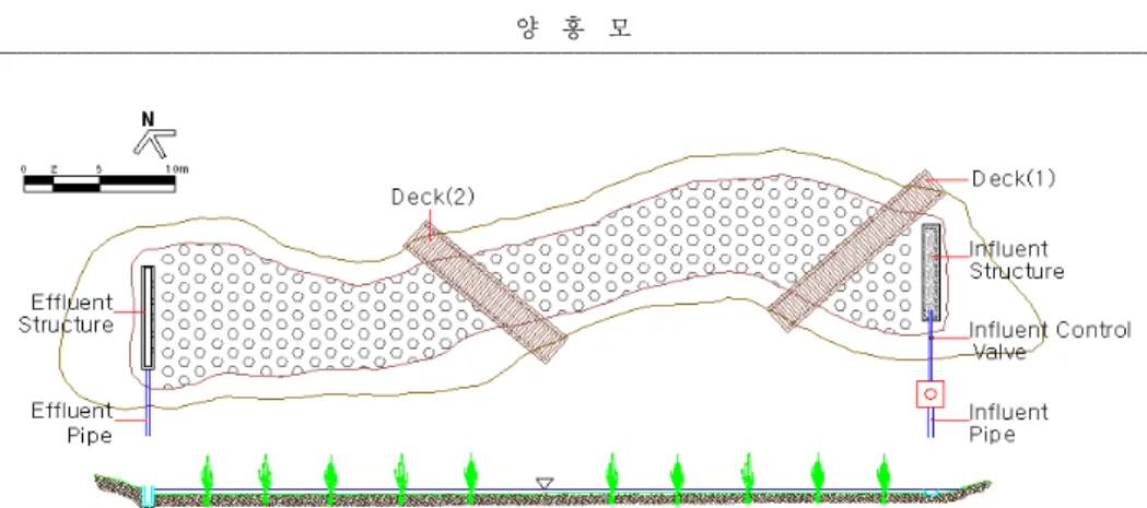 Figure 1. Schematic plan and section of the free surface-flow treatment wetlands established on floodplain in the Gwangju stream