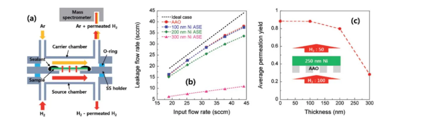 Fig. 4 (a) A schematic image showing a stainless steel (SS) dual-chamber system with a mass spectrometer for measuring the H 2 permeability of